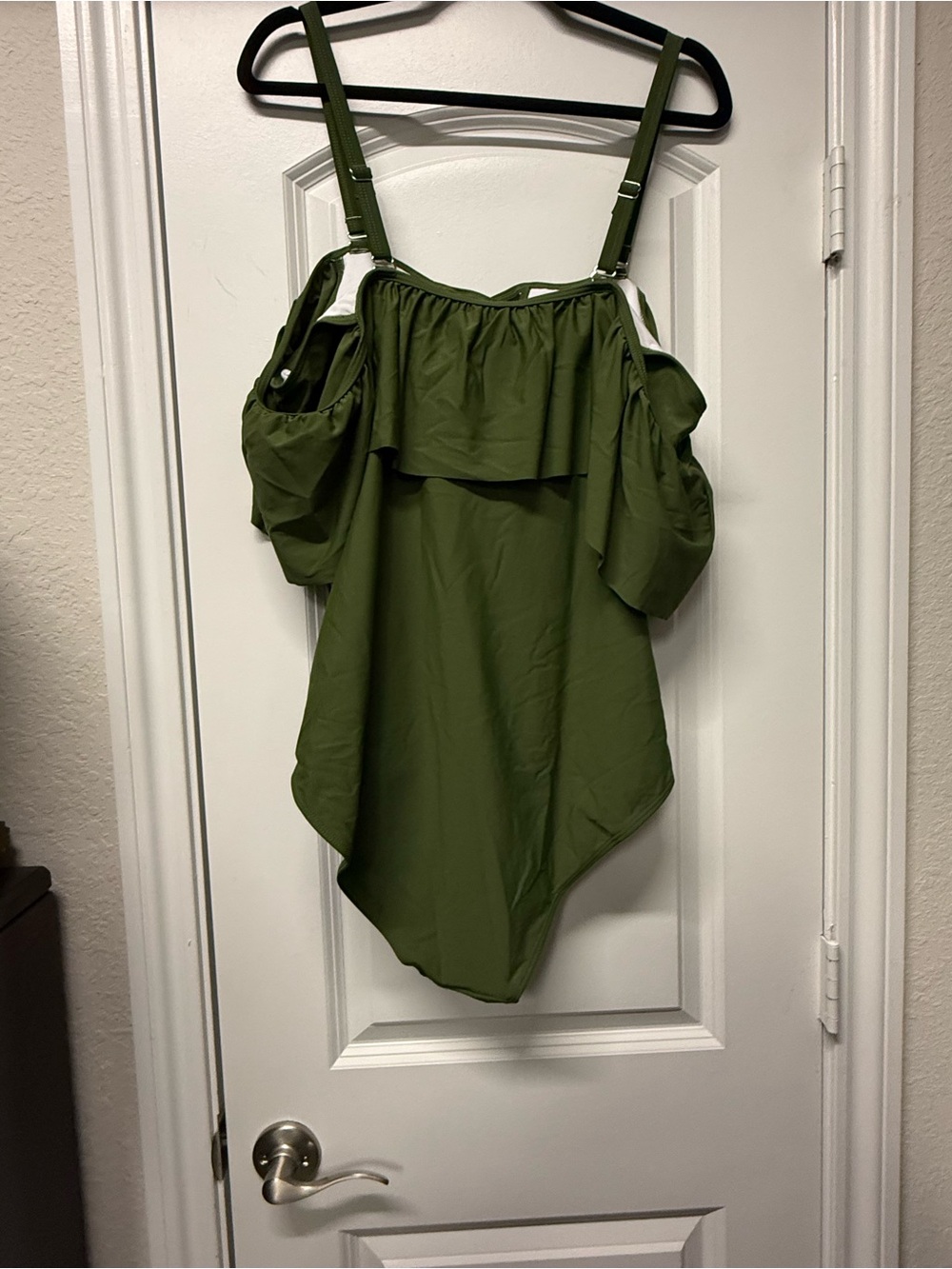 NWT Olive Green Ruffle One Piece Swimsuit Off Shoulder Strappy Back - Picture 5 of 8